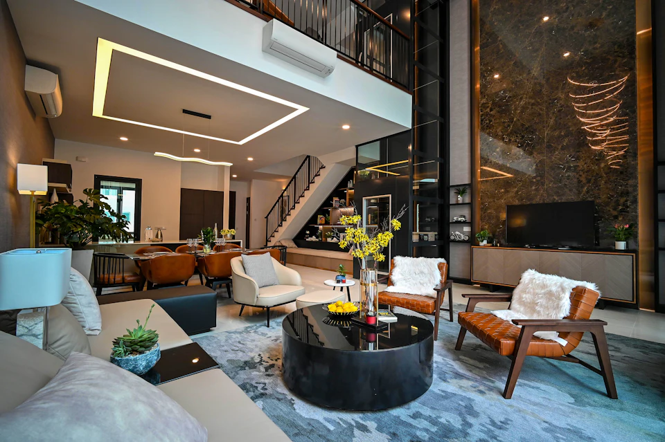 A boutique hotel lounge with designer seating and warm lighting